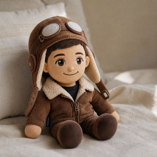 Peluche del personaje de Capitán Alonso con gorro de aviador