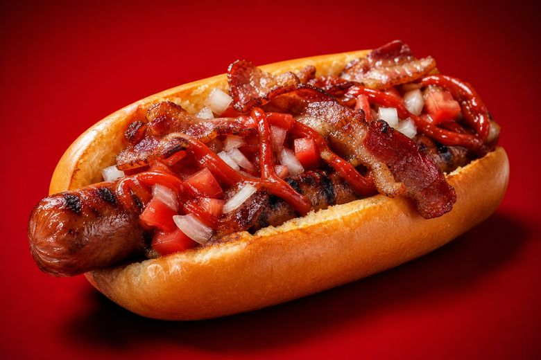 Hot dog con tocino y salsa sobre fondo rojo